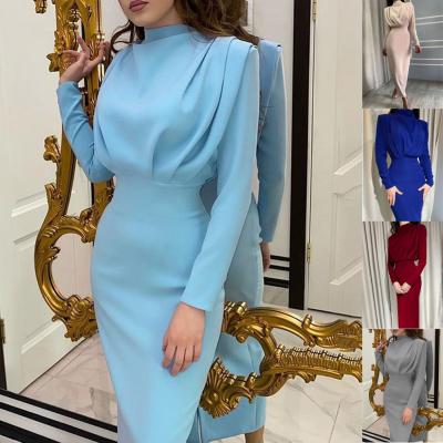 China 2021 Elegant Autumn New Style Fashion Temperament Solid Color Waist Washable Thin Long Sleeve Collar Stand Collar Dress for sale