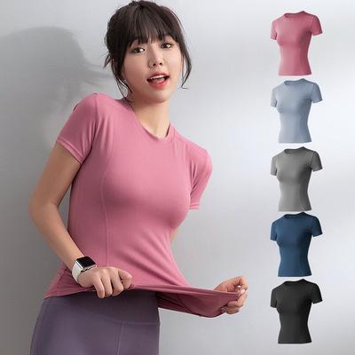 China T-shirt tight and thin short-sleeved gym stretch breathable running yoga wear top women's summer thin sports for sale