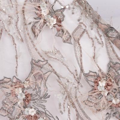 China Luxury Swiss Shaoxing Lace Fabric Handmade Floral Embroidery Large Shading Lace Fabric For Evening Dresses for sale