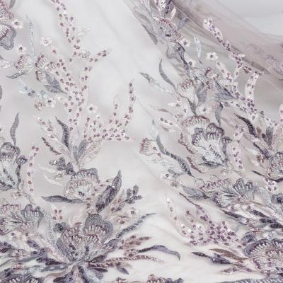 China 2021 new design 100%poly material handmade big white flower embroidered lace fabric for evening dresses for sale