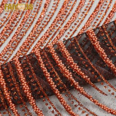 China New Fashion Breathable Embroidery Glitter Lace Chocolate Brown Fabric With Pearl For Women Dress for sale