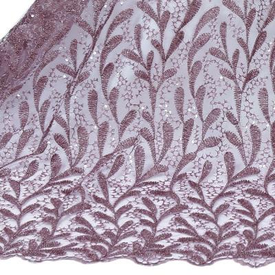 China Other Hot Selling Purple Gorgeous Furry Rope Sequins Leaves Embroidered Sequin Lace Fabric For Dresses for sale