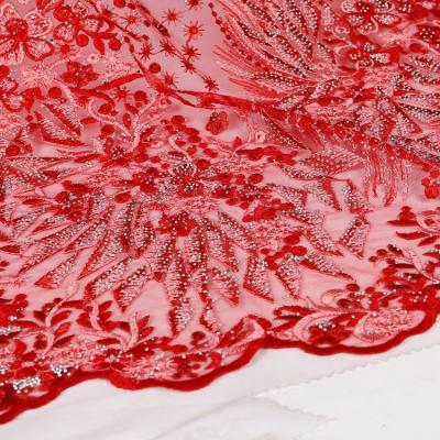 China 2021 Viable Swiss Embroidery Voile Dresses Red Tulle Mesh Material Stones Lace Fabric For African Wedding for sale