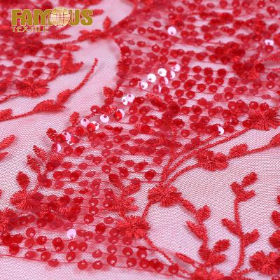 China Other high quality 100% crystal polyester red color embroidery sequins lace up fabric for girls birthday dress making for sale