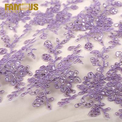 China Other Polyester Free Sample Purple Tulle Embroidery Rope Floral 100% Sequin Lace Up Fabric For Kids Dress for sale