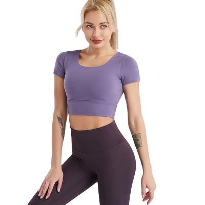 China New Style Breathable Yoga Wear Women's Short Sleeve T-Shirt With Chest Pad Exercise Short Skinny Top for sale