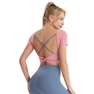 China Breathable Women Yoga Workout Gym Gathered Shoulder Belt Bra Tops Widened Short Tops for sale