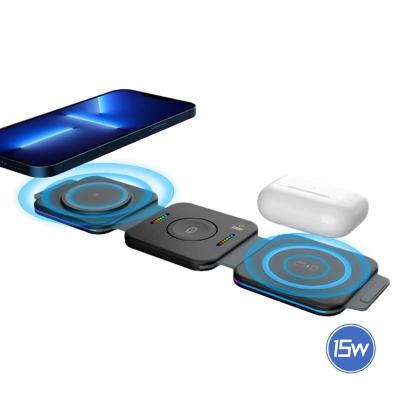 China High Speed QI 15W Fast Charging Magnetic Folding 3 in 1 Wireless Charger for iPhone 13 / Apple Watch / AirPods / Samsung Galaxy Buds for sale