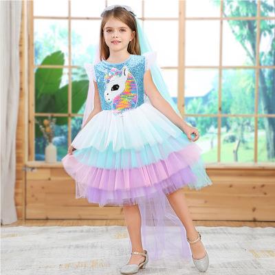 China Princess 2021 Breathable Dress Wholesale Summer Lace Up Unicorn Ruffles Girl Clothing Birthday Dress Flower Girls Costume for sale