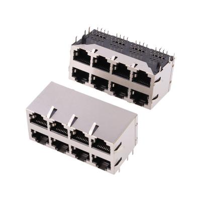 China PCB 2x4Port RJ45 Female Connector Ethernet Shield Stacked Dip Right Angle Connector for sale