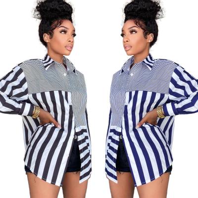 China 2022 Fashion Women's Long Stripe Blouse Patchwork Stripe Blouse Top Ladies Striped Shirt Dress Breathable Loose Fitting Girls' Top Casual Dress for sale