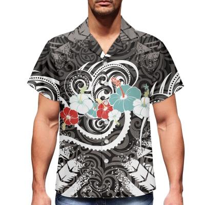 China Anti-pilling Black Printed Shirt Men Polynesia Tribal Hibiscus Print Casual Shirts For Men High Quality Custom Design Button Down Shirt Men for sale