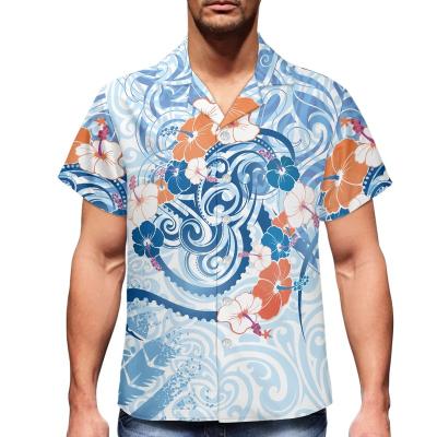 China Anti-pilling Blue Oversized Shirt Men Polynesia Tribal Hibiscus Print Casual Shirts For Men High Quality Short Sleeve Button Up Shirt Men for sale