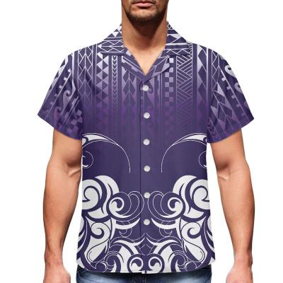 China Bestsell Polynesia Purple Tribal Print Men's Anti-Pilling Button Down Shirt High Quality Custom Made Short Sleeve Button Up Shirt Men for sale