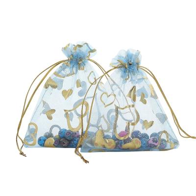 China Blue Sheer Velvet Mesh Pouch Chrismas Candy Jewelry Pouch Gold Long Lasting Organza Heart Custom Bag for sale