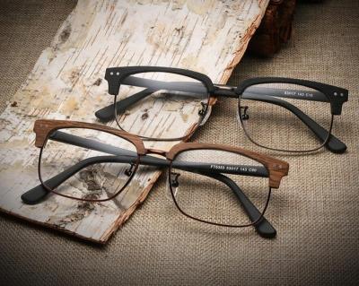 China Half Frame Manufacturer Rectangle Style Optical Frame Imitate Wooden Rimless Glasses for sale