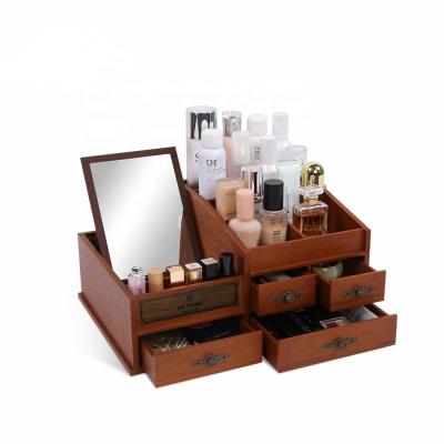 China Sustainable Wooden Cosmetics Storage Box, High-Grade Wooden Storage Box Large Capacity Mirror Cosmetics Display Box for sale