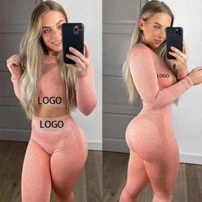 China Wholesale Custom Logo Breathable Long Sleeve Top And Leggings Women Yoga Fitness Sexy Two Piece Seamless Sets For Women for sale