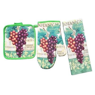 China Reusable Grapes Pattern Printed Custom Cotton Pot Holder Oven Mitts Kitchen Towel Set for sale