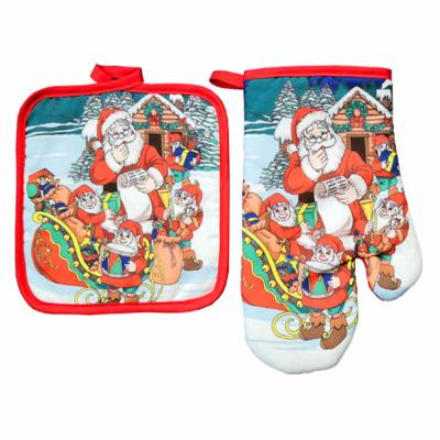 China Custom Contemporary Christmas Heat Protection Gloves Printed Cotton Oven Gloves Heat Resistant Two Piece Suit Oven Mitt And Pot Holder for sale