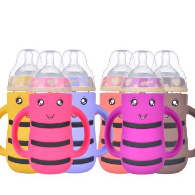 China BPA Free Cute Cartoon Bee Desgin Silicone Cover Glass Bottle With Handle for sale