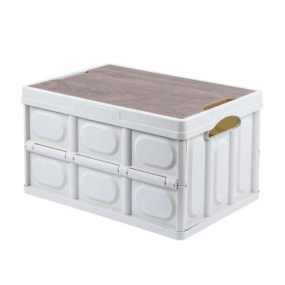 China Multifunctional Portable Folding Large Outdoor Organizer Plastic Folding Camping Stored Storage Box With Wooden Lid for sale