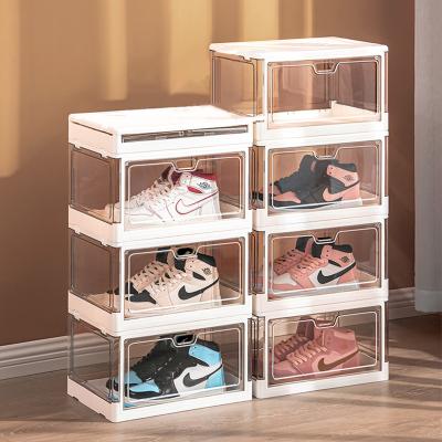 China Front Foldable Acrylic Shoebox Transparent Folding Stackable Plastic Shoe Organizers Magnetic Drop Storage Box Wholesale for sale