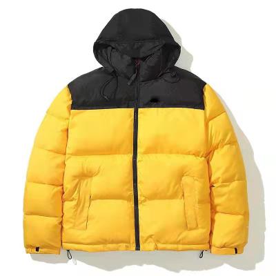 China Brand autumn and winter color contrast waterproof couples down jacket cotton collar stand jacket loose and thick warm hooded trend for sale