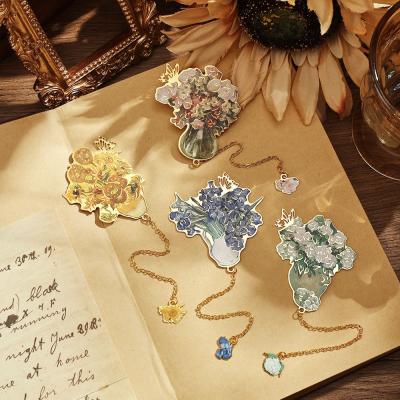 China Hollow Custom Bookmark Vintage Flowers Painting With Metal Chain Pendant for sale