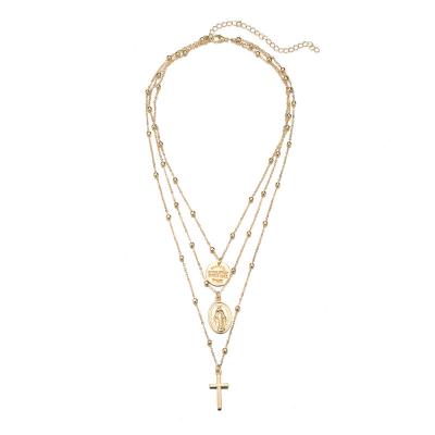 China Vintage Multilayer Drop Holy Necklace Cross Coin Pendant Beaded Simple Link Chain Chocker Jewelry Set For Women for sale