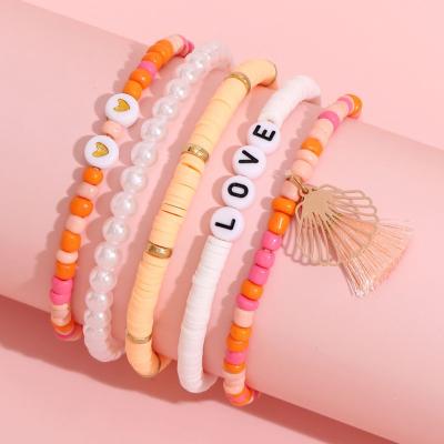 China New Trendy Tassel Shell Charm Bracelet Set Letter Clay Bracelet Sets BOHEMIA Beads Bracelet Polymer Love Heart 2022 for Women and Girls for sale