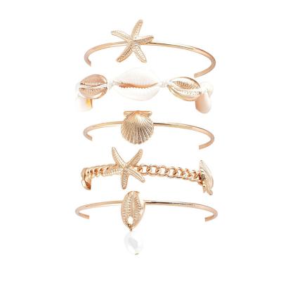 China 2022 BOHEMIA Fashion Bangle Starfish Bohemian Summer Jewelry 5pcs/set Shell Pearl Beach Open Bangle Pendant Set For Women for sale