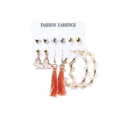 China TRENDY Fashion Rhombus Star Heart Stud Tassel Butterfly Pearl String Twist Circle Earrings Set for Women and Girls for sale