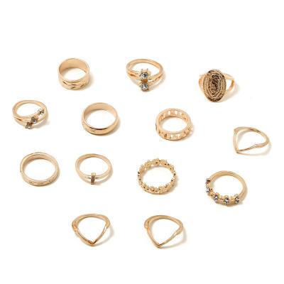 China Boho Jewelry Wholesale Bohemian Flower Arrow Ring Set Rhinestone Gold Plated Geometric Finger Joint Ring Sets For Women for sale