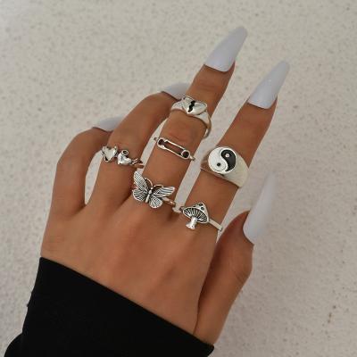 China 6Pcs/Set CSI Hotsale Tiktok TRENDY Butterfly Rings Set For Men Women Fashion Mushroom TaiChi Shape Rings Wholesale for sale