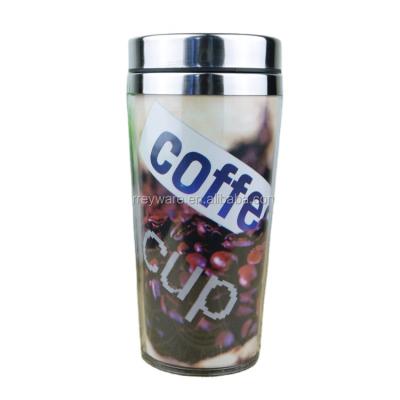 China Sustainable Promotional Double Wall Stainless Steel And Clear Plastic Travel Mug With Paper Insert for sale