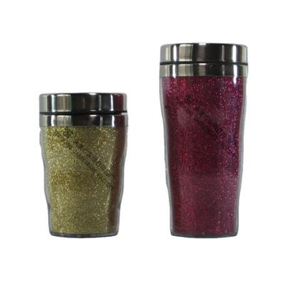 China Durable Plastic Material And Food Grade Double Wall Travel Tumbler With Glitter Paper Insert for sale