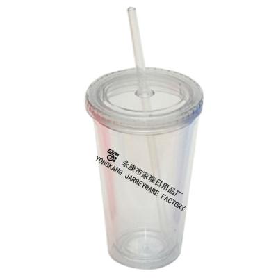 China Customized Food Grade 450ML Double Wall Viable BPA Free Clear Plastic Coffee Cups With Straw for sale