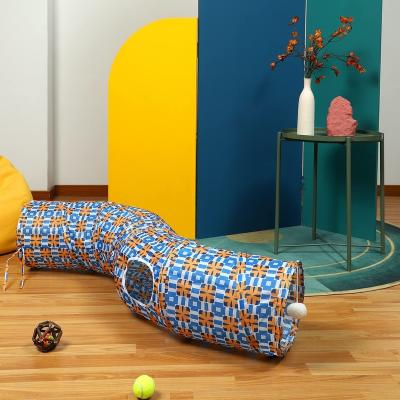 China Sustainable Cat Kitten Tunnel Tube Toy with Plush Ball-Portable Tattaff Material Waterproof Durable Collapsible-S Shape Orange-Blue for sale