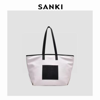 China Portable New Fashion Embossing Pattern Printed Canvas Tote Large Women's Shoulder Shopping bag Handbags with leather handle for sale