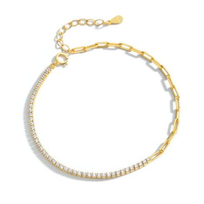 China Environmentally Friendly Fashion Design Half CZ Paperclip Gold Plated Environmentally Friendly Gold Plated Half Tennis Chain Bracelet For Women for sale