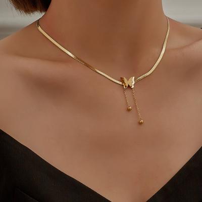 China 316L Stainless Steel Romantic Jewelry Animal Classy Matte 2 Layers Butterfly Choker Charms Snake Bone Chain Gold Pendant Necklace for sale