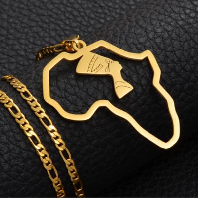 China Wholesale Environmental Friendly Stainless Steel Queen Africa Gold Plated Egyptian Map Pendant Necklace With Figaro Chain for sale