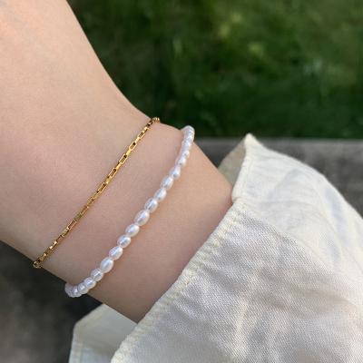 China 2021 romantic new fashion gold plated box chain freshwater pearl copper multilayer bracelet for women for sale