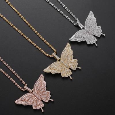 China European and American copper jewelry vintage hip-hop gold plated cubic zirconia butterfly pendant necklace for women for sale