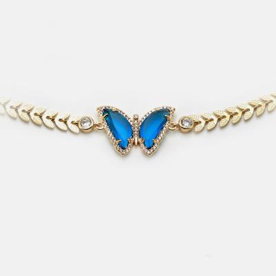 China Vintage Fashion Tasty Crystal Blue Olive Leaf Chain Colorful Butterfly Choker Necklace For Women for sale