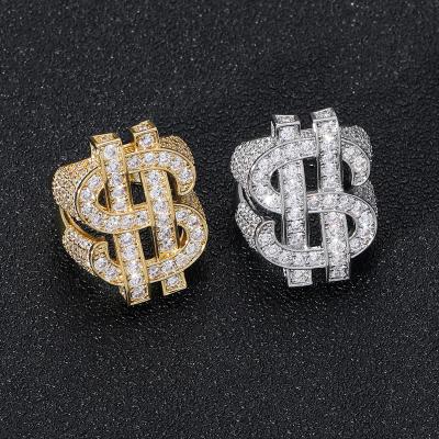 China Hiphop Hot Selling European and American Men's Full Zircon Personality Gold Rings Hollow Hip Hop Jewelry Dollar Sign Ring For Men for sale