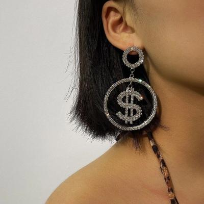 China American And American Hiphop Dollar Symbol Earrings Hip Hop Style Round Alloy Diamond Hollow Earrings European Gold Plated for sale