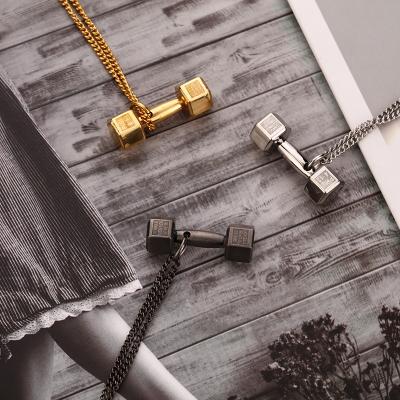 China Fashion Sports Fitness Non-fading Jewelry Non Tarnish Gold Plating Dumbbel Stainless Steel Men Pendant Necklace for sale