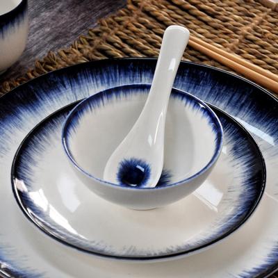 China Sustainable Wholesale Hotel White Blue Porcelain Ceramic Bowls Set With Spoon for sale